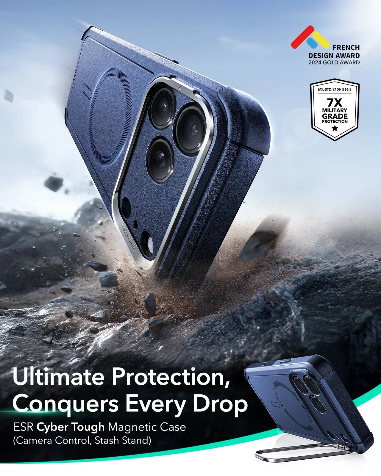 iPhone 17 Pro Max Cyber Tough Magnetic Case (Camera Control, Stash Stand) - Navy Blue